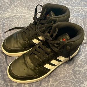 Pair of black Adidas hightop sneakers size 6